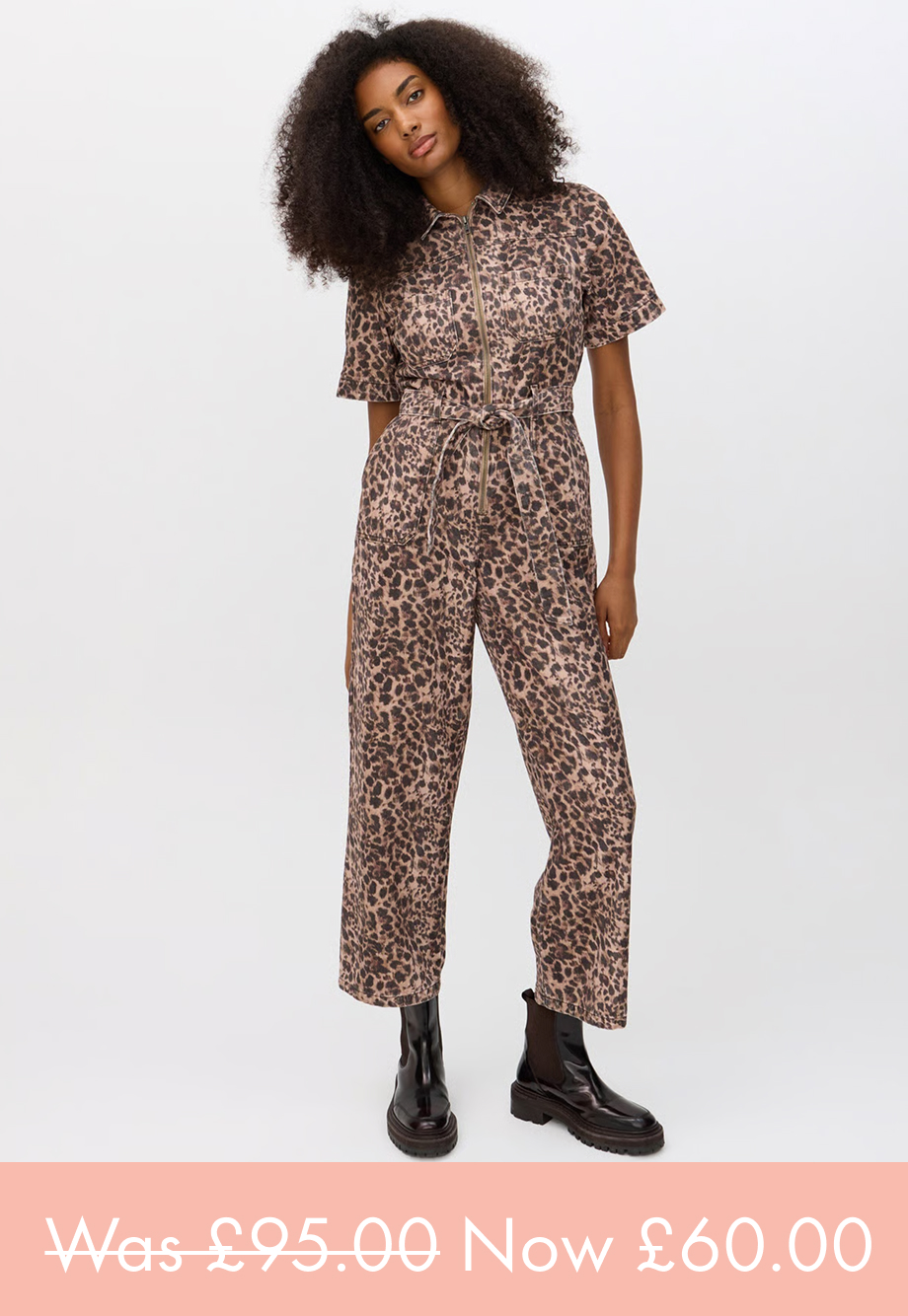 Brown Animal Print Denim Short Sleeve Tie Waist Jumpsuit